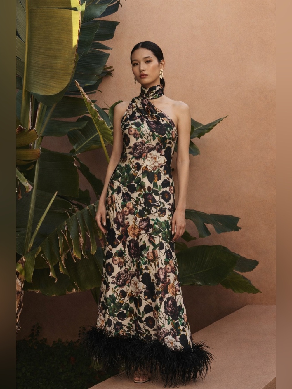 Vasiliki Atelier Liya One Sleeve Maxi Dress with Feather Trim - NWT - Picture 4 of 8